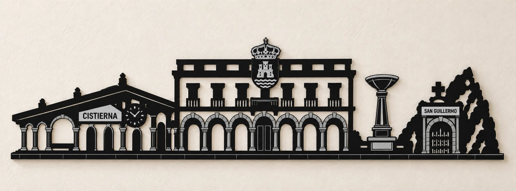 Detalle del skyline personalizado de Cistierna, con edificios y lugares reconocibles